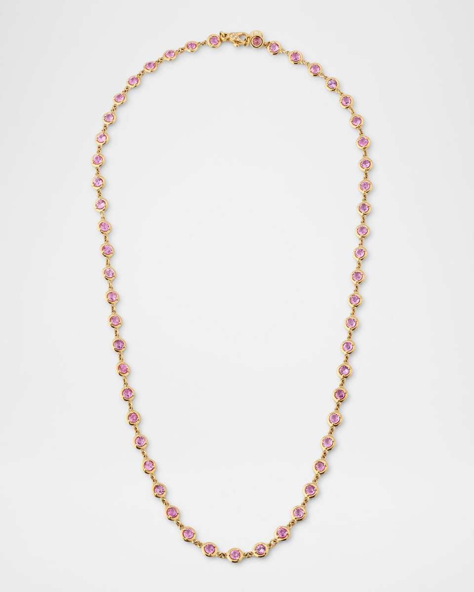 18K Yellow Gold Necklace with White Diamonds and Pink Sapphires, 24"L